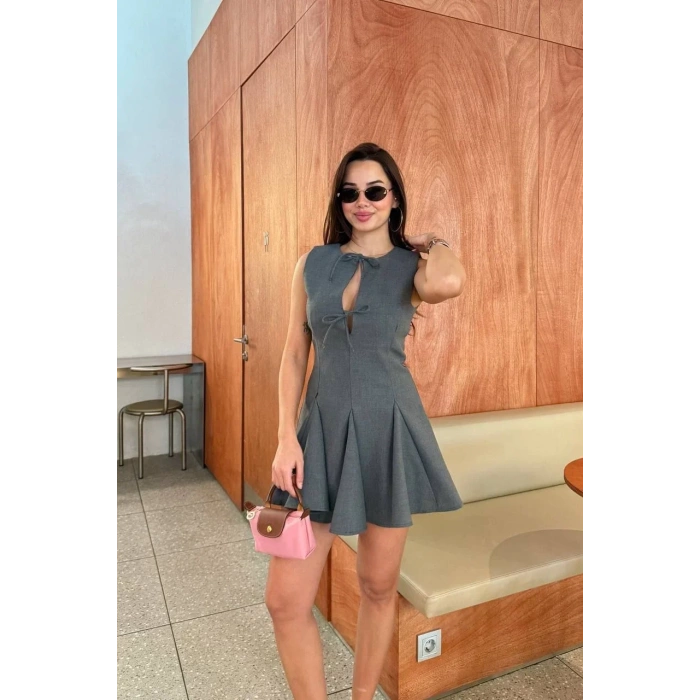 Bağcık detaylı Kolsuz Mini Elbise - Antrasit
