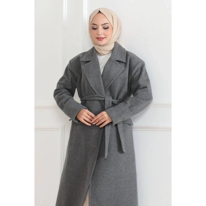 Beli Kuşaklı Yünlü Dokuma Kaşmir Kaban - Gri