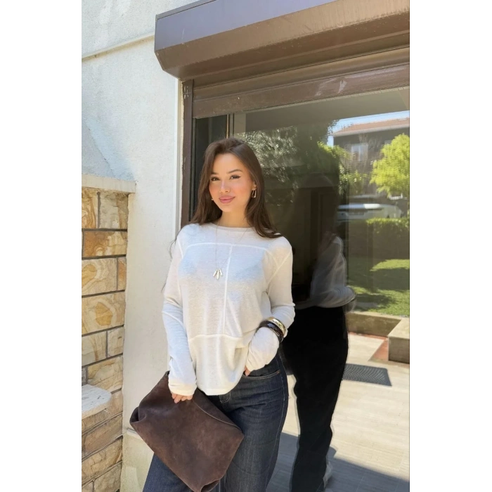 Bisiklet Yaka uzun Kollu Bluz - Beyaz