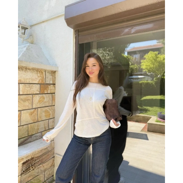 Bisiklet Yaka uzun Kollu Bluz - Beyaz