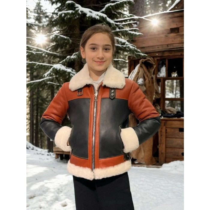 Çocuk Yakalı Parçalı Kürk - Kiremit