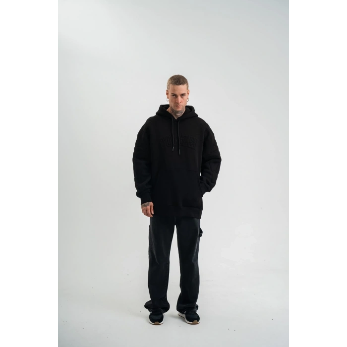 Double Oversize Kapşonlu Nakışlı SweatShirt - Siyah