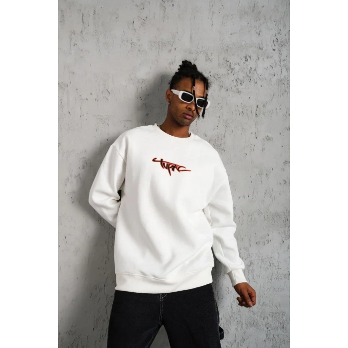 Erkek 3 İplik Gangster Baskılı Sweatshirt - Beyaz