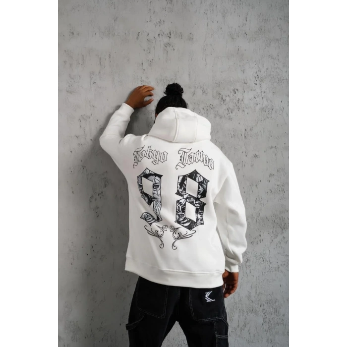 Erkek 98 Baskılı Kapşonlu Sweat - Beyaz