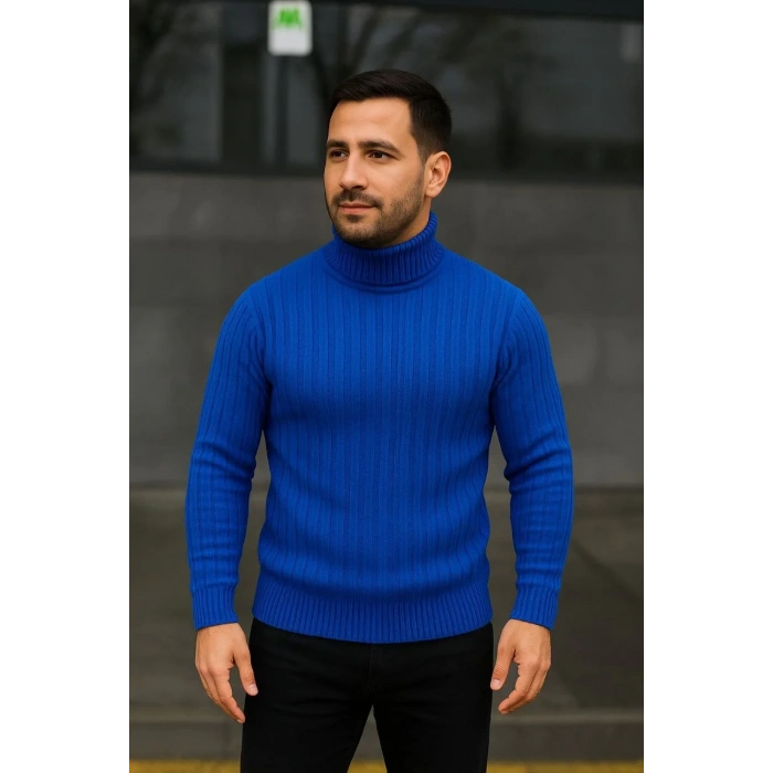 Erkek Balıkcı Yaka Bağazlı Triko Kazak Pamuklu Kalın Fitilli Dokuma, Regular Fit Uzun Kollu Kışlık Model - Saks Mavisi