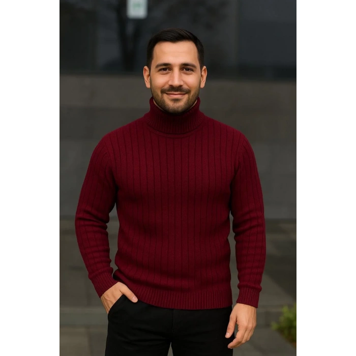 Erkek Balıkcı Yaka Bağazlı Triko Kazak Pamuklu Kalın Fitilli Dokuma, Regular Fit Uzun Kollu Kışlık Model - Bordo