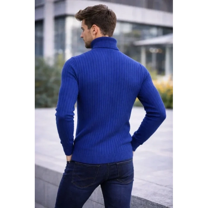 Erkek Balıkcı Yaka Bağazlı Triko Kazak Pamuklu Kalın Fitilli Dokuma, Regular Fit Uzun Kollu Kışlık Model - İndigo