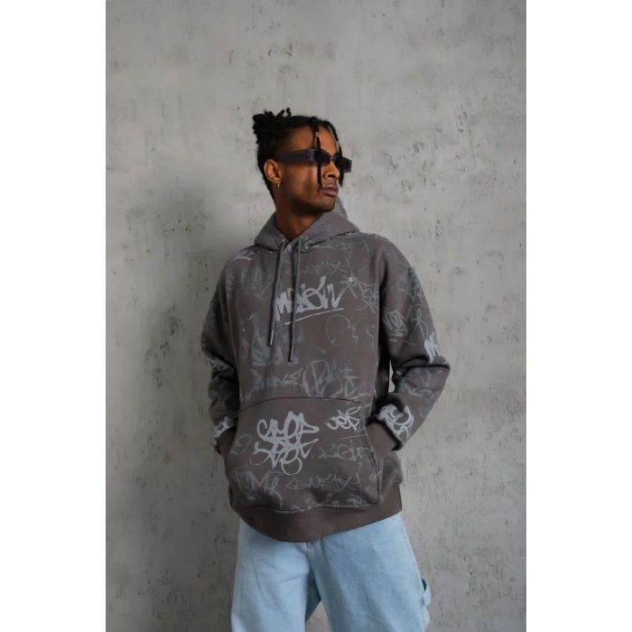 Erkek Baskılı Kapüşonlu Ribanalı Sweat - Gri