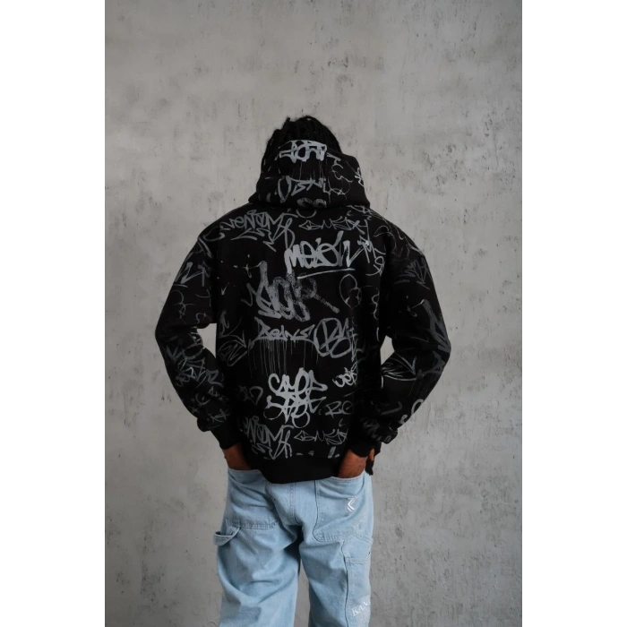 Erkek Baskılı Kapüşonlu Ribanalı Sweat - Siyah