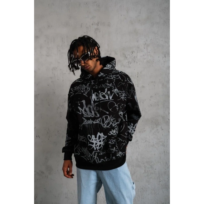 Erkek Baskılı Kapüşonlu Ribanalı Sweat - Siyah