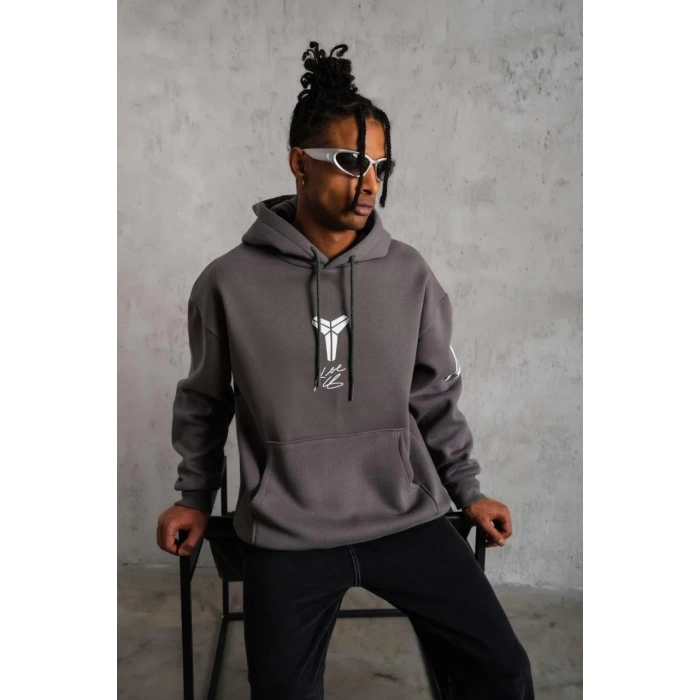 Erkek Baskılı Kapüşonlu Sweat - Gri