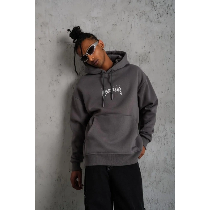 Erkek Baskılı Kapüşonlu ve Kanguru Cepli Sweat- Gri