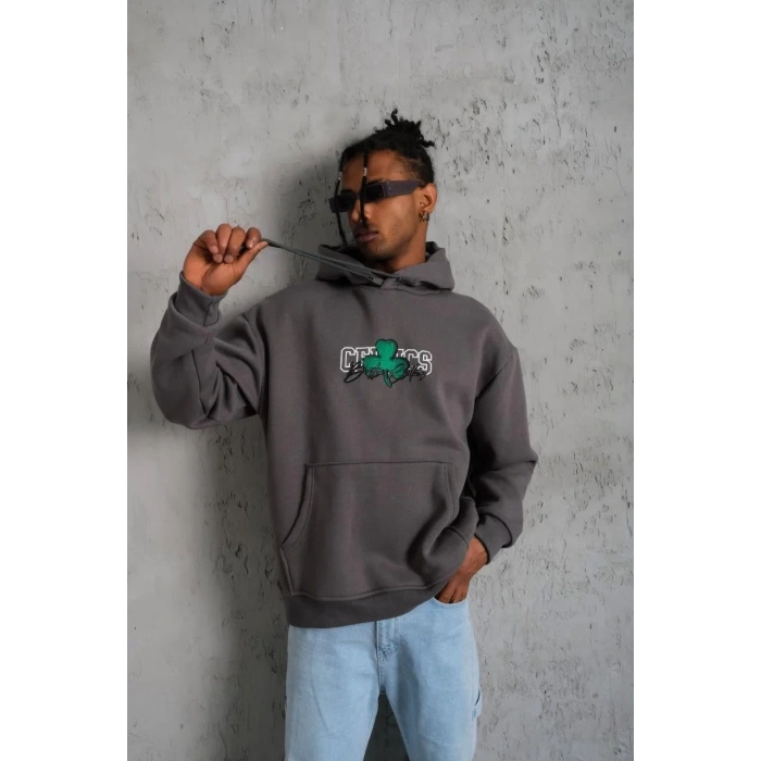 Erkek Baskılı Kapüşonlu ve Kordon İpli Sweat - Gri