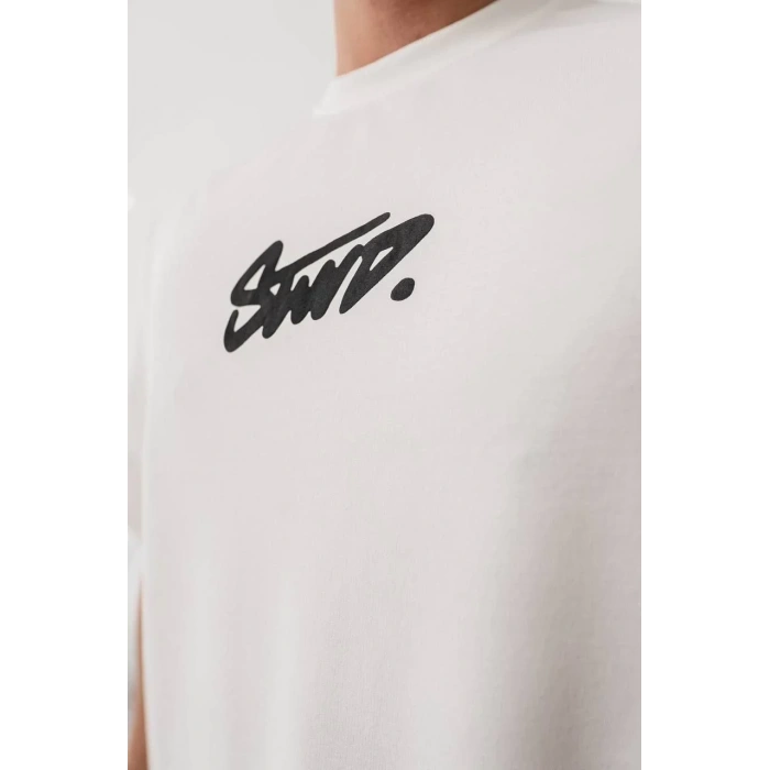 Erkek Baskılı Oversize T-shirt - Beyaz