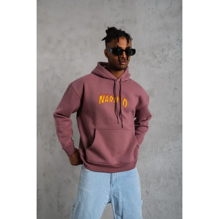 Erkek Baskılı Sweat Kapüşonlu - Gül Kurusu