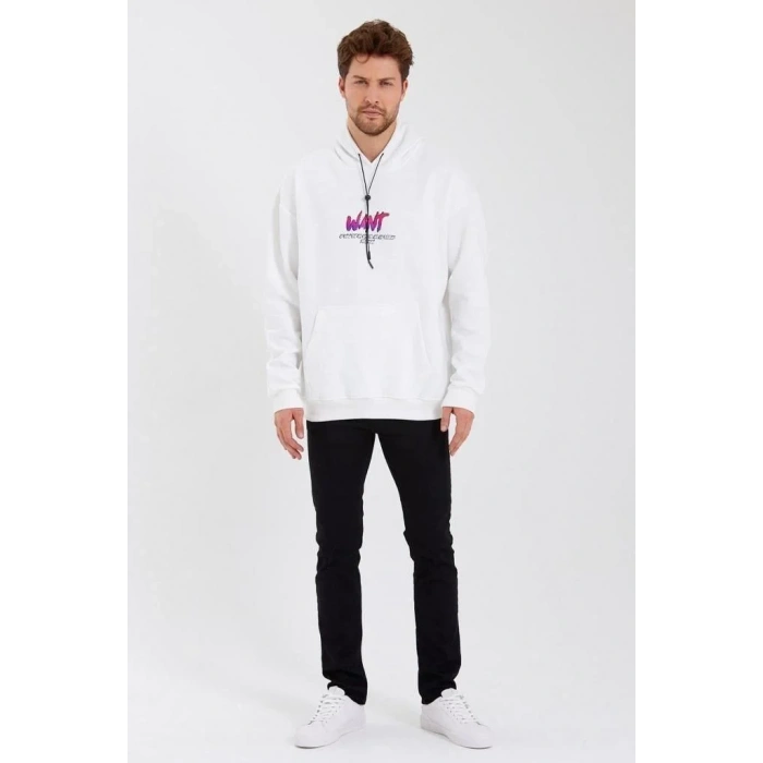Erkek Baskılı Üç İplik Kapüşonlu Oversize Sweatshirt - Beyaz