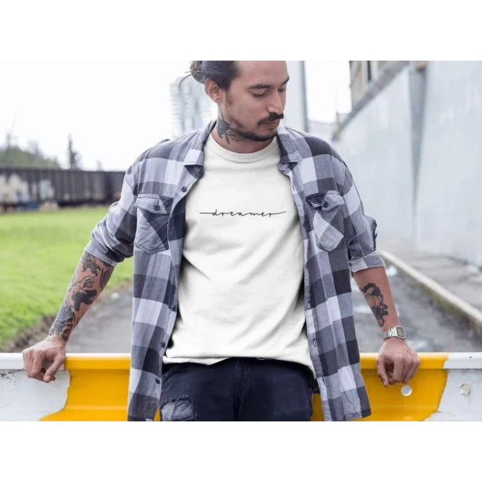 Erkek Bisiklet Yaka Baskılı Oversize T-Shirt - Beyaz
