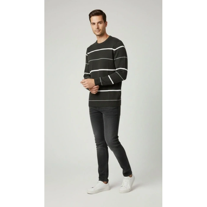 Erkek Bisiklet Yaka Cizgili Triko Kazak yumuşak dokulu Pamuklu ince Dokuma, uzun kollu Rahat Regular kalıp - Füme