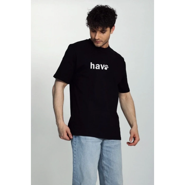 Erkek Bisiklet Yaka Kısa Kol hav Baskılı T-shirt - Siyah