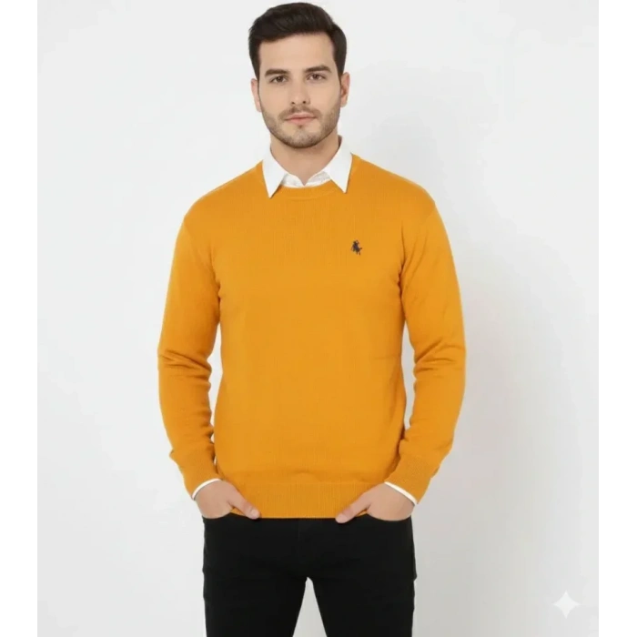 Erkek Bisiklet Yaka Nakış Işlemeli Triko Kazak Yumuşak Dokulu Pamuklu Ince Dokuma, Uzun Kollu Rahat Regular Kalıp - Turuncu