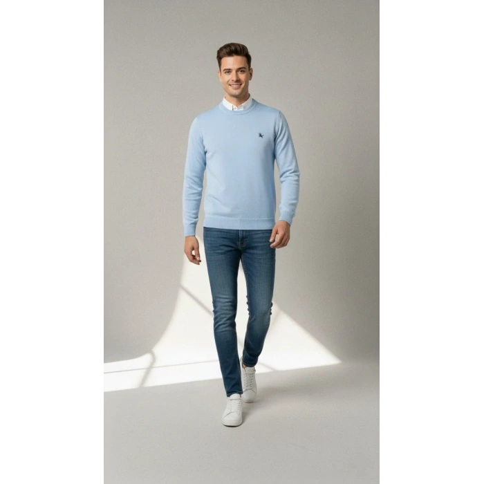 Erkek Bisiklet Yaka Nakış işlemeli Triko Kazak yumuşak dokulu Pamuklu ince Dokuma, uzun kollu Rahat Regular kalıp - Mavi