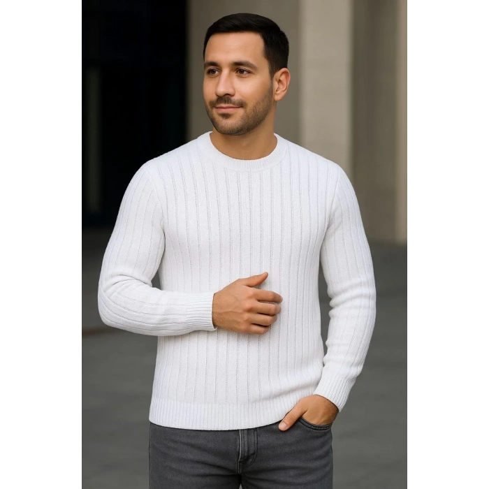 Erkek Bisiklet Yuvarlak Yaka Triko Kazak Pamuklu Kalın Fitilli Dokuma, Regular Fit Uzun Kollu Kışlık Model - Beyaz