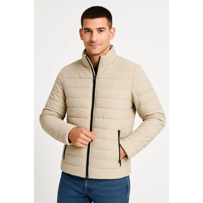 Erkek Bomber Mont Ceket – Su İtici Kumaş, Kapitone Astarlı, Fermuarlı, Kışlık - Bej