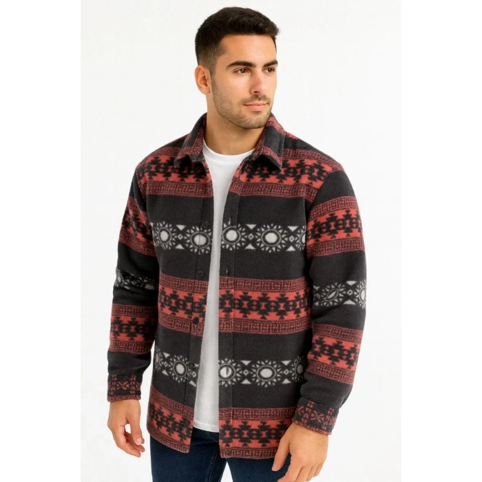 Erkek Desenli Polar Gömlek – Etnik Şerit Desen Yakalı, Uzun Kollu, Düğmeli, Oversize Rahat Kalıp - Füme