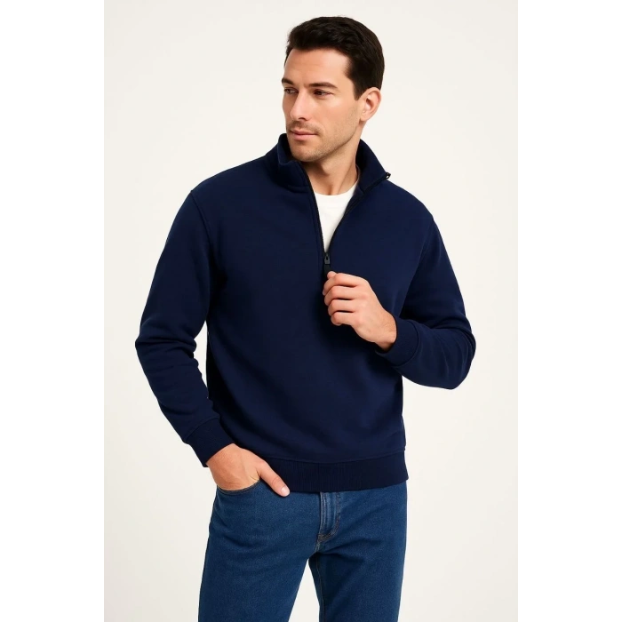 Erkek Dik Yaka Sweatshirt Dik Yaka Yarım Fermuarlı 3 İplik Şardonlu Pamuk Kumaş - Lacivert