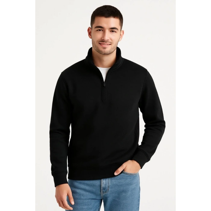 Erkek Dik Yaka Sweatshirt Dik Yaka Yarım Fermuarlı 3 İplik Şardonlu Pamuk Kumaş - Siyah