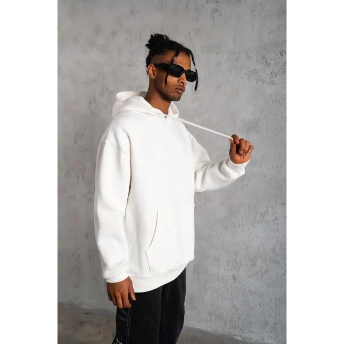 Erkek Düz Kapüşonlu Sweat - Beyaz