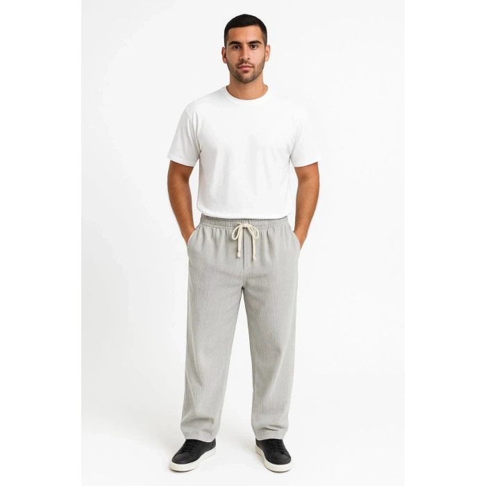 Erkek Fitilli Kadife Cepli Buggy Pantolon Oversize Rahat Kalıp - Gri