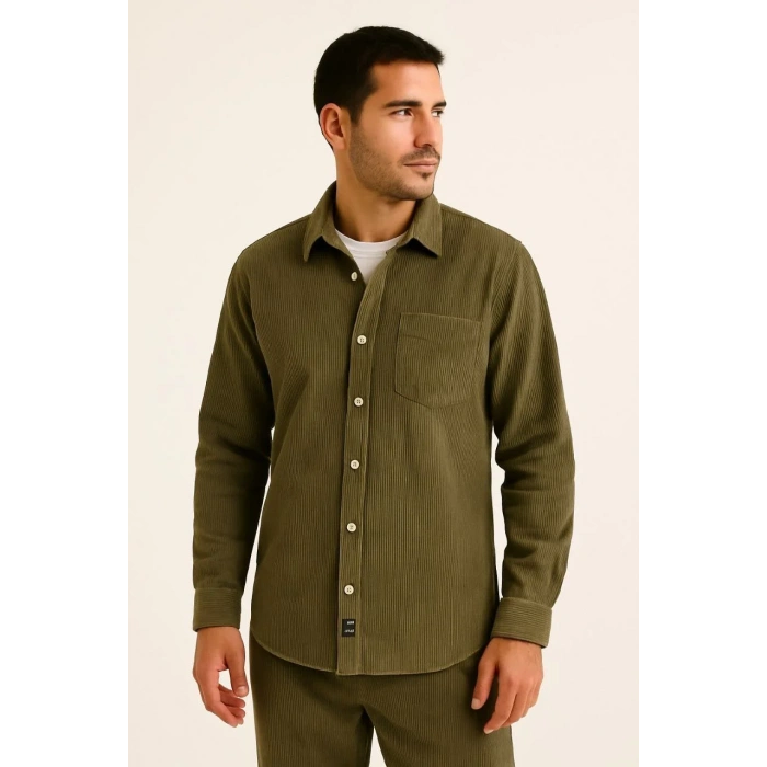 Erkek Fitilli Kadife Cepli Gömlek Oversize Rahat Kalıp - Haki
