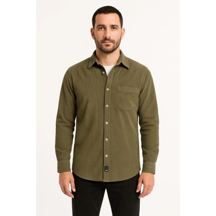 Erkek Fitilli Kadife Cepli Gömlek Oversize Rahat Kalıp - Haki
