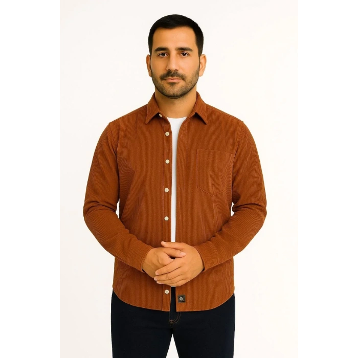 Erkek Fitilli Kadife Cepli Gömlek Oversize Rahat Kalıp - Kahverengi
