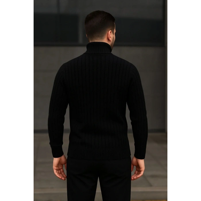 Erkek Fitilli Triko Kazak 2li Set Bej Siyah Regular Balıkcı Yaka Tam Boğazlı Triko Seti Modeli Kazak