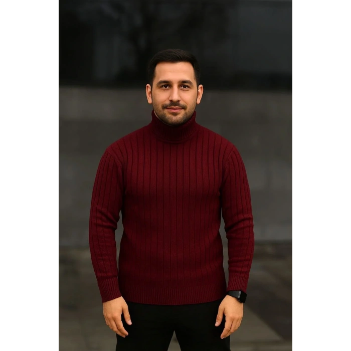 Erkek Fitilli Triko Kazak 2li Set Bordo Siyah Regular Balıkcı Yaka Tam Boğazlı Triko Seti Modeli Kazak