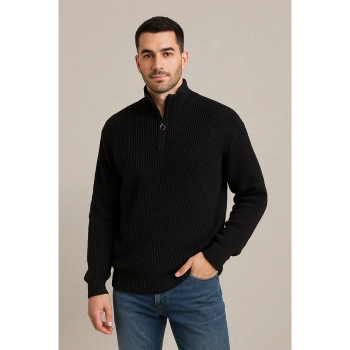 Erkek Fitilli Triko Kazak 2’li Set – Siyah & Haki Kalın Dokuma Pamuklu Regular Fit V Yaka Fermuarlı Uzun Kollu Rahat Kışlık Kazak Kombini