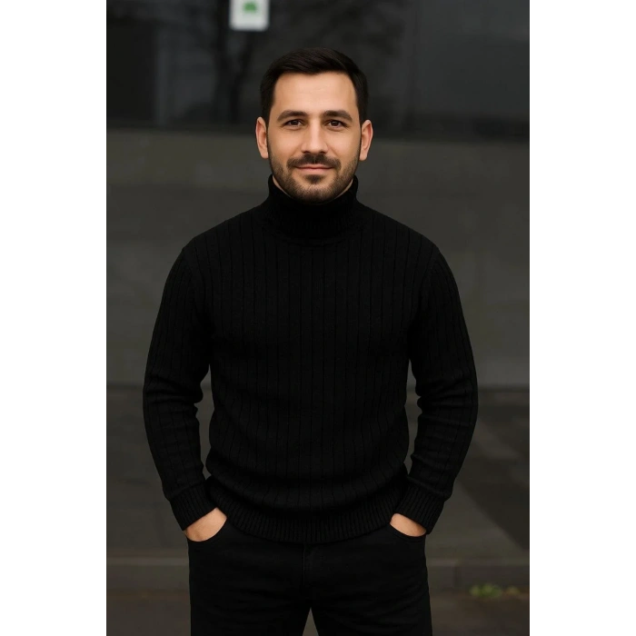 Erkek Fitilli Triko Kazak 3lÜ Set Gri Haki Siyah Regular Balıkcı Yaka Tam Boğazlı Triko Seti Modeli Kazak