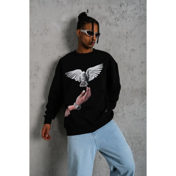 Erkek Güvercin Baskılı Sweatshirt - Siyah