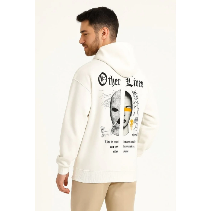 Erkek Kapşonlu Sweatshirt – Oversize Üç İplik Şardonlu Hoodie, “Other Lives” Ön & Arka Baskılı, Kanguru Cepli, Kışlık Rahat Günlük Stil - Beyaz