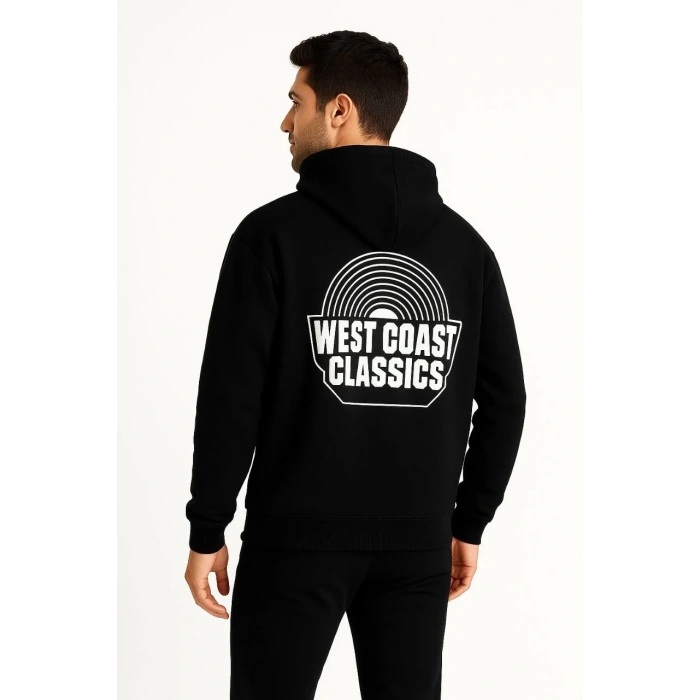 Erkek Kapşonlu Sweatshirt – Oversize Üç İplik Şardonlu Hoodie, “West Coast Classics” Ön & Arka Baskılı, Kanguru Cepli Kışlık Günlük Stil - Siyah