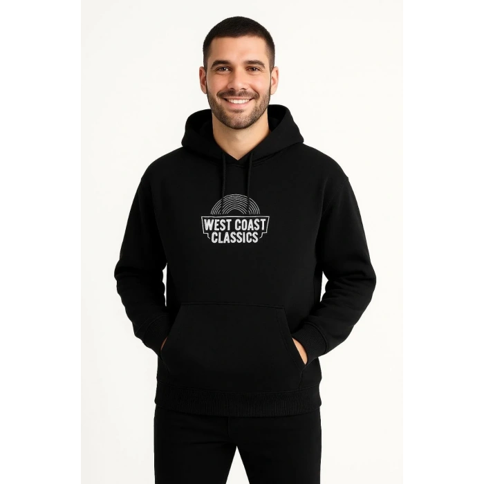 Erkek Kapşonlu Sweatshirt – Oversize Üç İplik Şardonlu Hoodie, “West Coast Classics” Ön & Arka Baskılı, Kanguru Cepli Kışlık Günlük Stil - Siyah