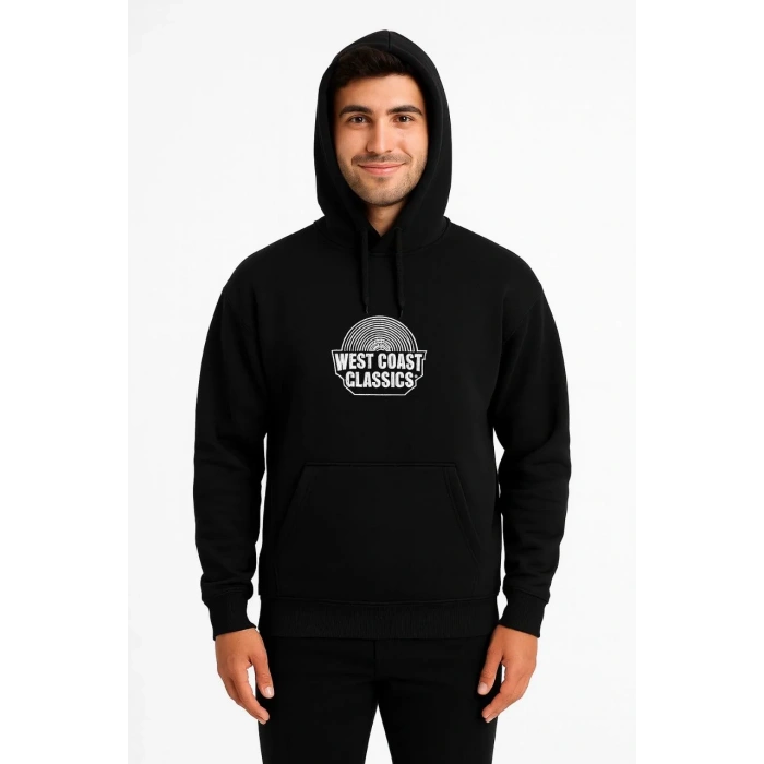 Erkek Kapşonlu Sweatshirt – Oversize Üç İplik Şardonlu Hoodie, “West Coast Classics” Ön & Arka Baskılı, Kanguru Cepli Kışlık Günlük Stil - Siyah