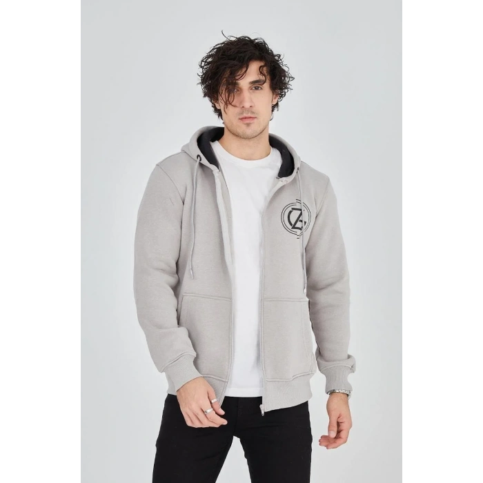 Erkek Kapüşonlu Baskılı Fermuarlı Hırka - Boyalı Gri