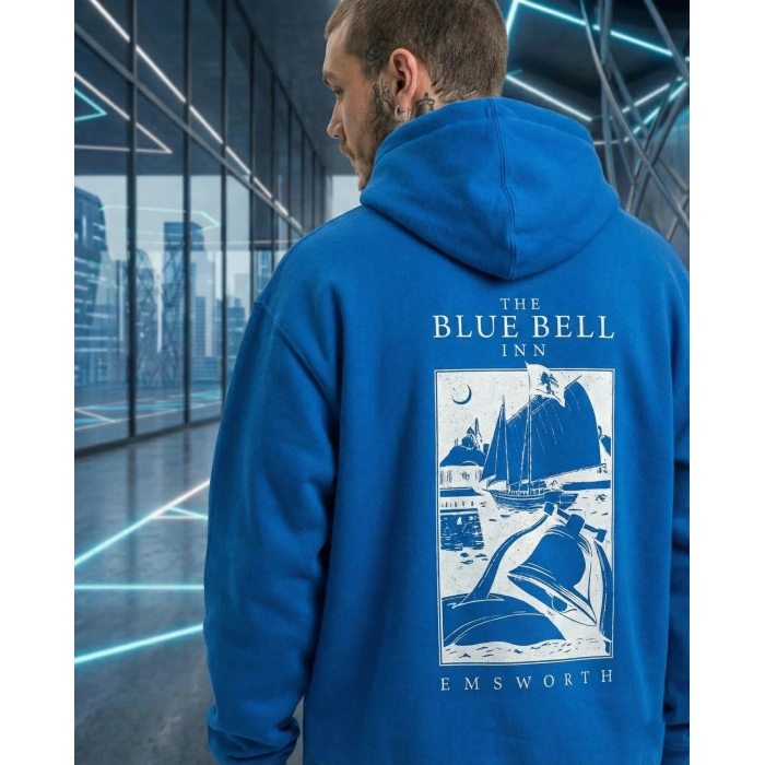 Erkek Kapüşonlu Double Oversize Hoodie – Üç İplik Pamuklu, Deniz ve Yelken Baskılı, Kanguru Cepli Premium Sweatshirt - Saks Mavi