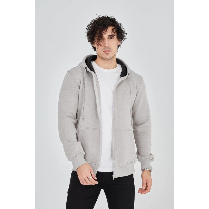 Erkek Kapüşonlu Düz Fermuarlı Hırka - Boyalı Gri