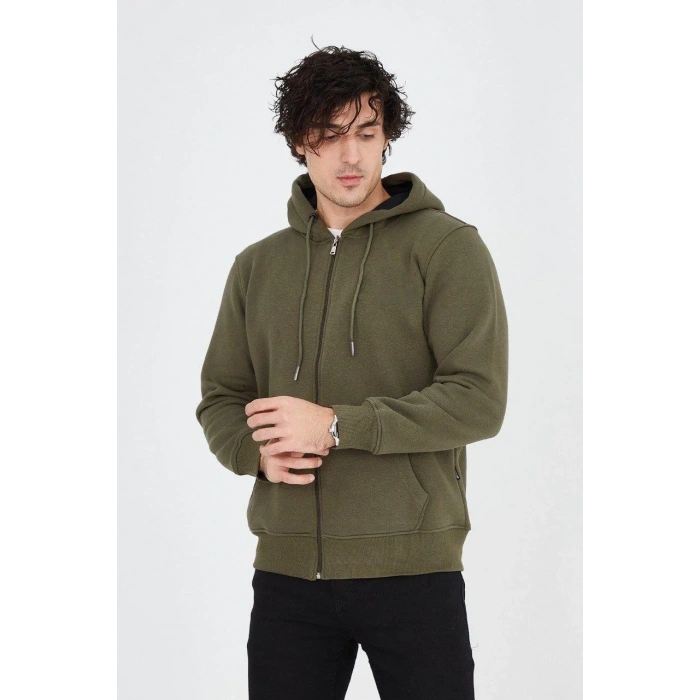 Erkek Kapüşonlu Düz Fermuarlı Hırka - Yeşil