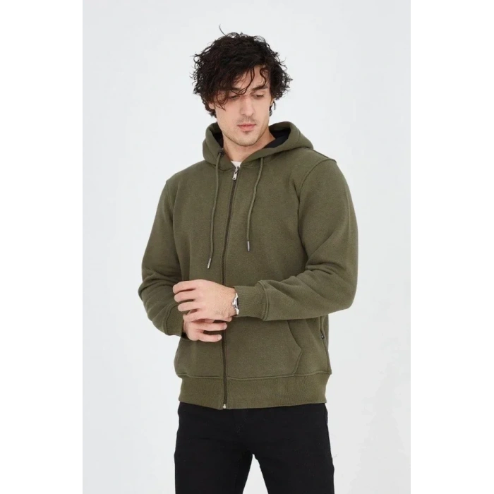 Erkek Kapüşonlu Düz Fermuarlı Hırka - Yeşil