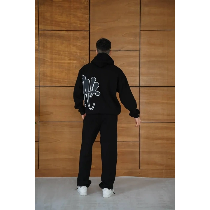 Erkek Kapüşonlu Eşofman Takım Graffiti Baskılı Oversize Rahat Kalıp, Kanguru Cepli, Streetwear Tarzında Premium Ürün 3 iplik Pamuklu - Siyah